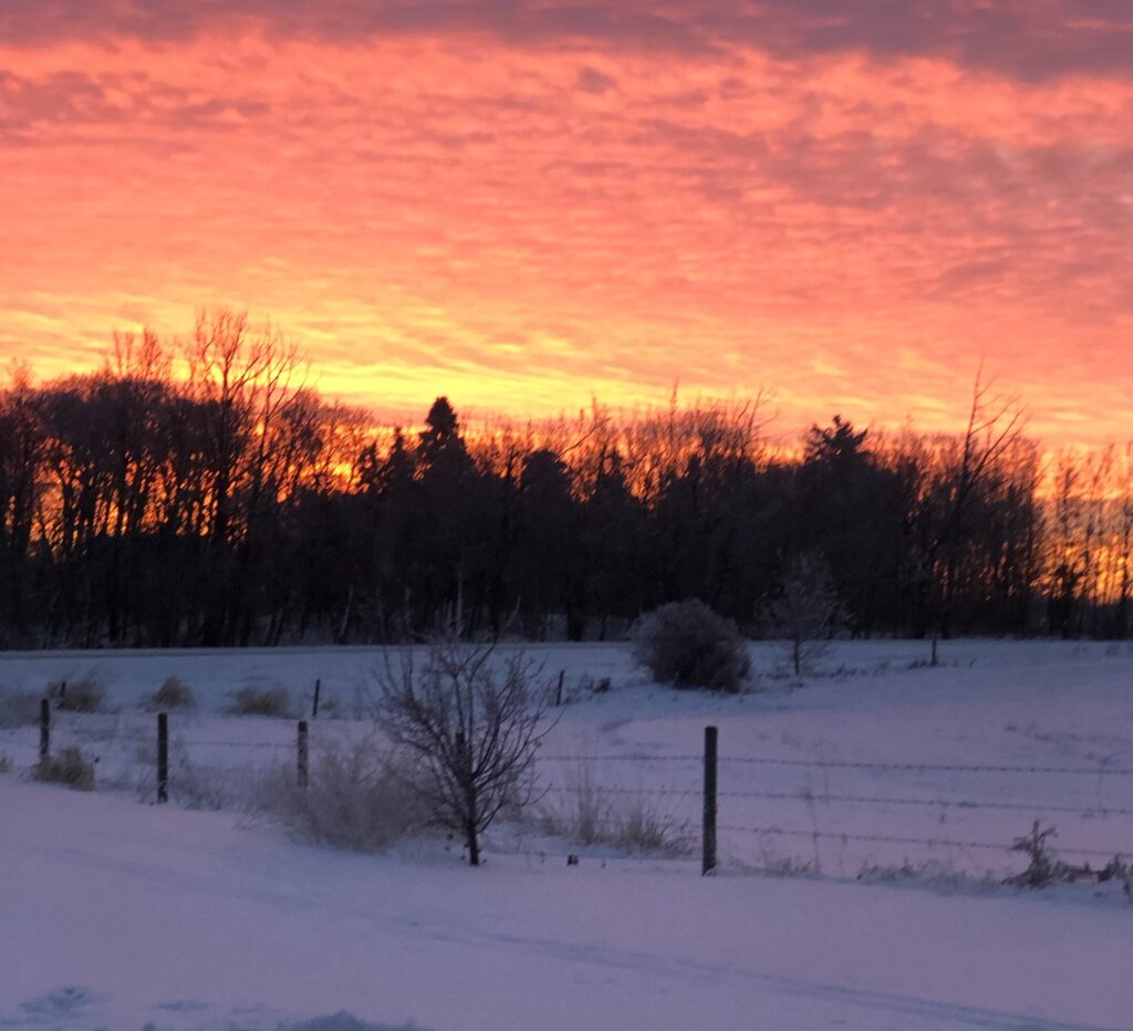 snowy landscape with red and gold sunset